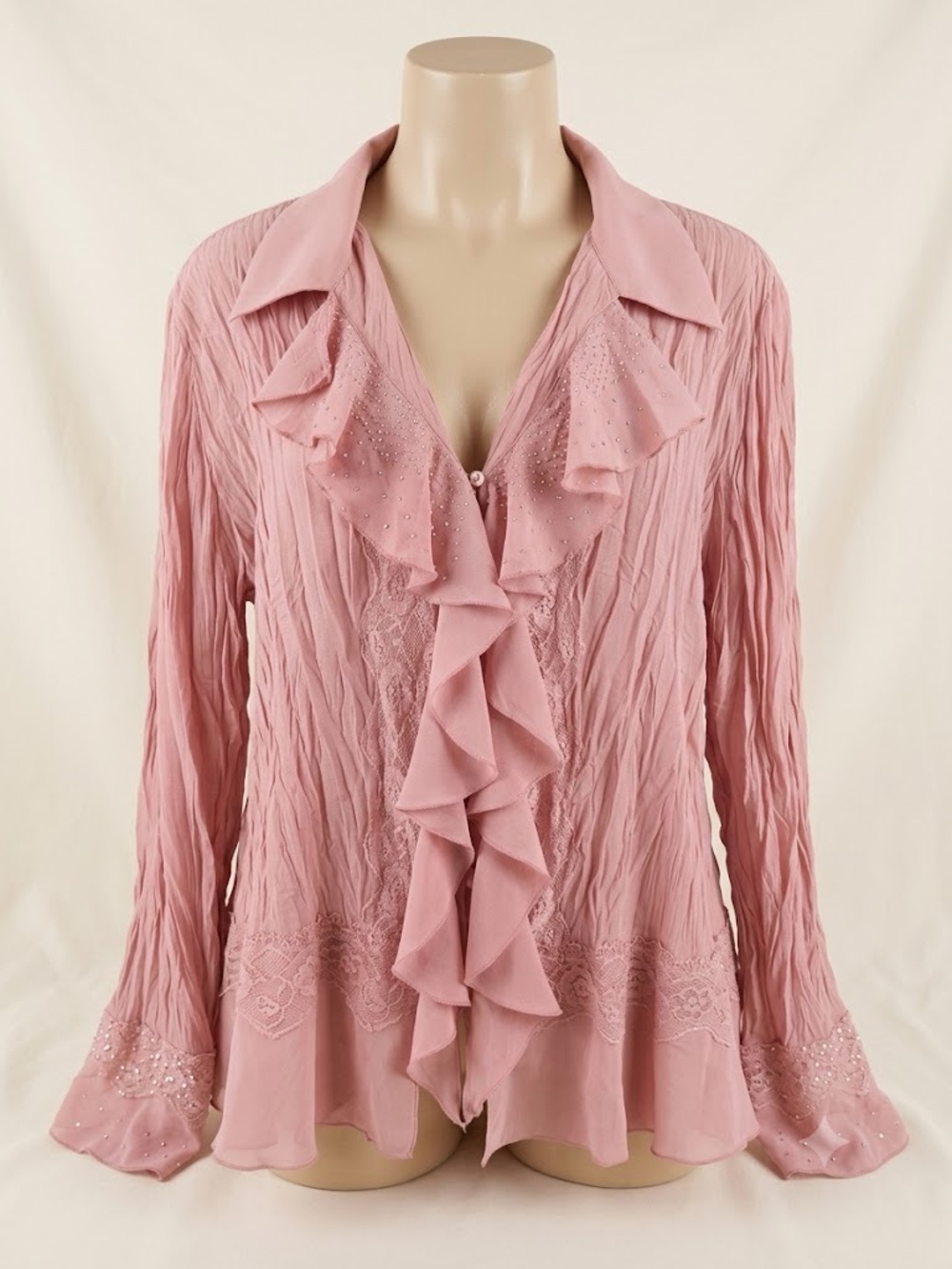 Y2K Sunny Taylor Pink Plisse Crinkle Ruffle Lace Blouse Top Plus Size 1X